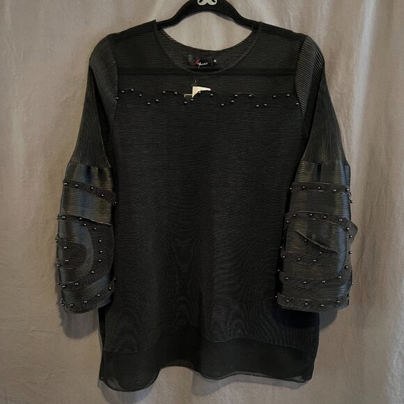 N by Nancy mod avant garde unique puff sleeve scallop neck blouse black M - Picture 3 of 16